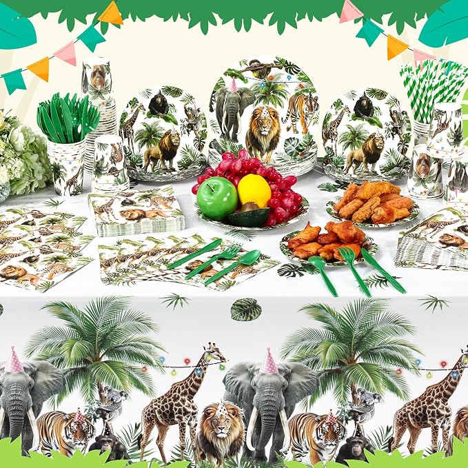 Potchen 452 Pcs Party Supplies Serve 50 Guests, Paper Plates Napkins Cups Cutlery Plastic Tablecloth Dinnerware for Birthday Wedding Party Decoration(Forest Green, Wild Animals)