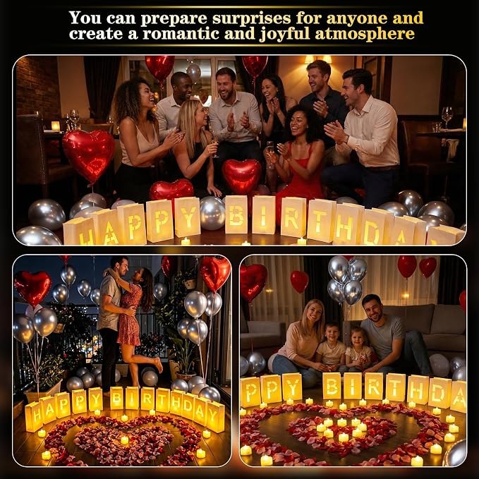 Happy Birthday Decorations, Happy Birthday Decoration for Men Women, Happy Birthday Light up Sign with 48pcs Tea Candles, 20pcs Latex Balloons, 10pcs Aluminum Balloons, 2000pcs Rose Petals