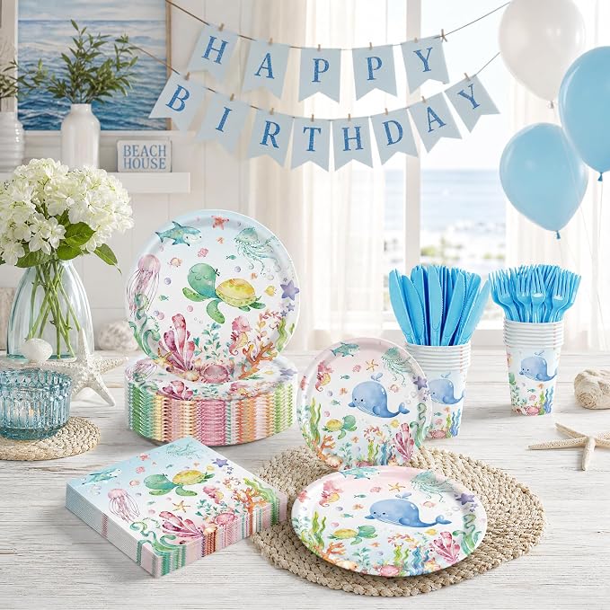 120PCS Under the Sea Party Supplies for Ocean Theme Baby Shower Birthday Party Underwater World Creatures Decorations Ocean Sea Animal Plate Cup Napkin Knives Forks for 20 Guests