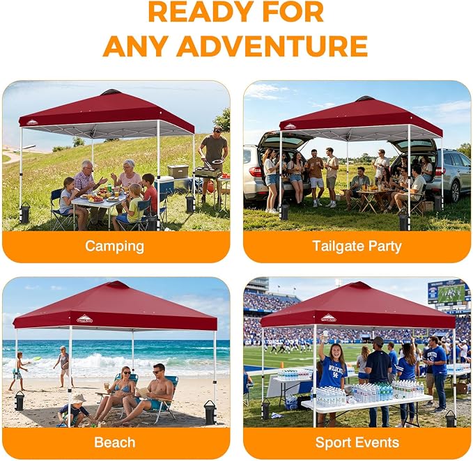 EAGLE PEAK Pop Up Canopy Tent with Wheeled Carry Bag, 8 Stakes, 4 Ropes, 4 Weight Bags, Easy Set Up Tent Canopy, 10x10 ft, 100sqft of Shade, Burgundy