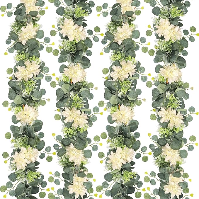 Dremisland 4 Pack Artificial Eucalyptus Flower Garland with Champagne Dahlia Flower, 24FT Fake Champagne Flower Greenery Garland Hanging Floral Vines for Wedding Home Party Wall Table Runner Decor