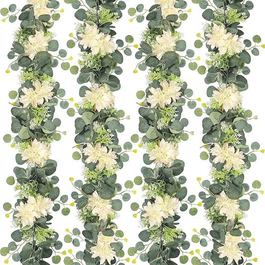 Dremisland 4 Pack Artificial Eucalyptus Flower Garland with Champagne Dahlia Flower, 24FT Fake Champagne Flower Greenery Garland Hanging Floral Vines for Wedding Home Party Wall Table Runner Decor