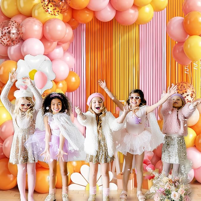 Groovy Daisy Balloon Arch Garland Kit Birthday Party Decorations, Pink Orange Yellow Foil Fringe Backdrop Tinsel Streamer for Hippie Boho Groovy One Two Flower Party Decor Supplies