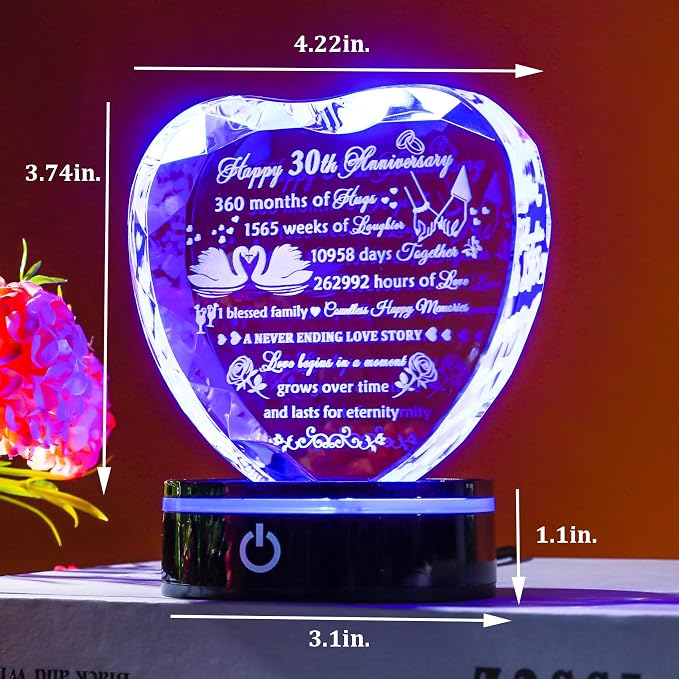 YWHL 30th Anniversary Crystal Heart Gifts for Couples Parents, Laser Engraved Romantic 30 Year Wedding Anniversary Crystal Keepsake Gifts for Wife Husband, 30 Years of Marriage Gift for Her Him