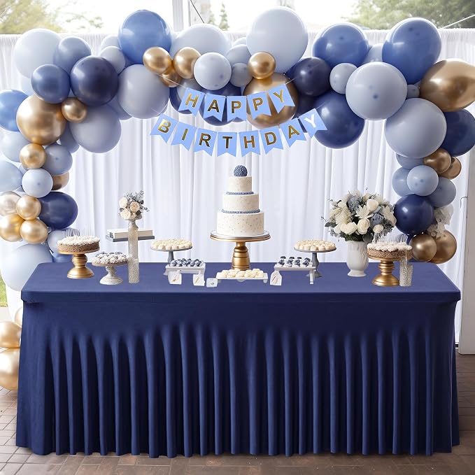 2 Packs Navy Blue Table Clothes for 6 Foot Rectangle Tables, One-Piece Wrinkle Resistant Stretch Spandex Table Covers with Table Skirt for Event Banquet Wedding Birthday Party