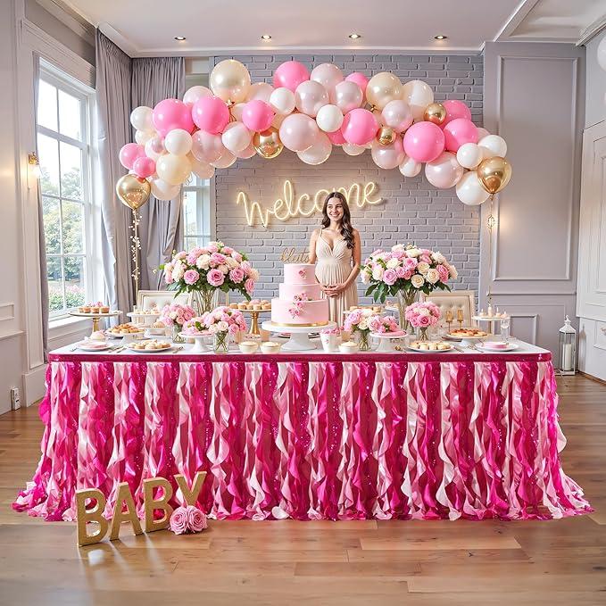 Wish Care 17ft Pink Sequin Table Skirt for Rectangle Tables Glitter Curly Willow Fuchsia Tutu Skirt Ruffle Table Cloth Desk Skirts for Princess Girls Birthday Baby Shower Party Cake Table Decorations