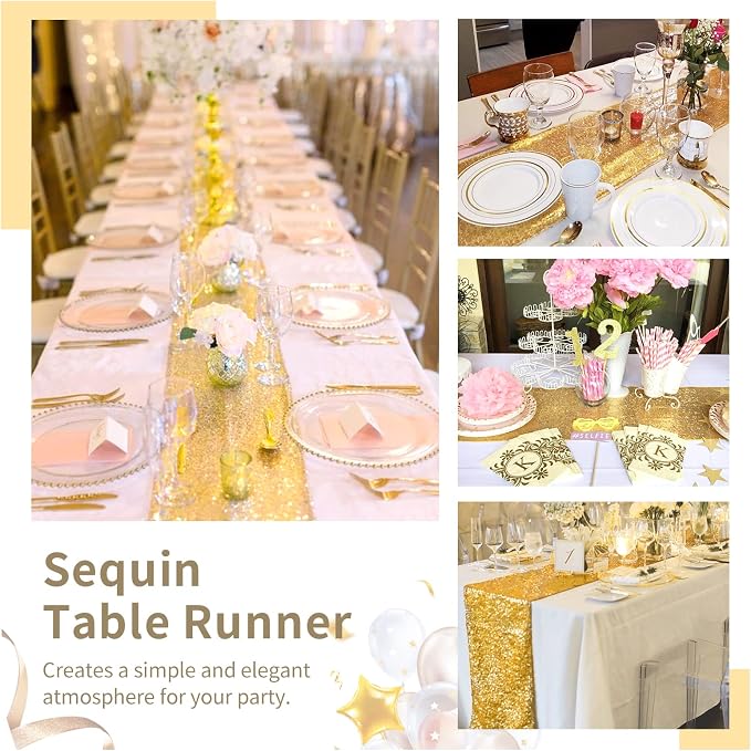 Gold Table Runners 10 Packs 12x108 Inches Sequin Dining Glitter Table Runner for Wedding Baby Shower Party Birthday Supplies Decorations