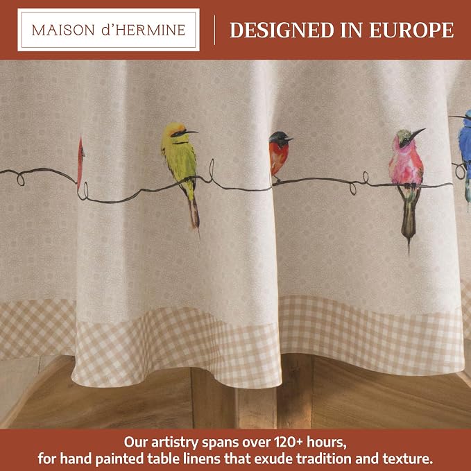 Maison d' Hermine Table Cloth Round Table 100% Cotton 63 Round Inches Tablecloth Reusable Decorative for Dining Kitchen Room Farmhouse Party Home Hotel Restaurant Spring Summer - Birdies on Wire