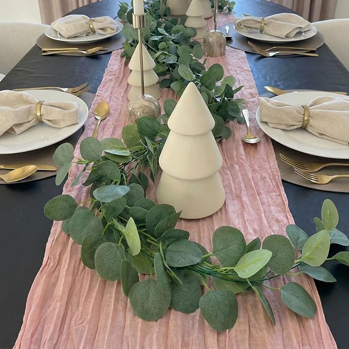 Leinuosen 8 Set 10 Ft Light Pink Cheesecloth Table Runner Wedding Decor with 6 Ft Eucalyptus Garland, Boho Gauze Table Centerpiece Runner for Wedding Baby Shower Birthday Party Decoration