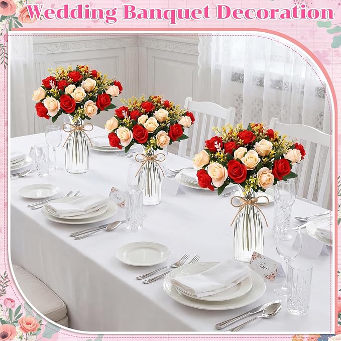 Zeyune 31 Pcs Rose Artificial Flowers with Vase Bulk for Table Centerpiece, 20 Bundles Fake Silk Roses 10 Plastic Clear Vase with 1 Pcs Rope Arrangement Decoration Wedding Home Party(Champagne,Red)