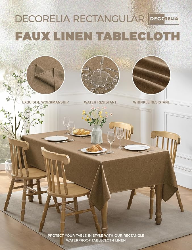 Decorelia Faux Linen Tablecloth for Dining Room, 60 x 104 Inch (8-10 Seats), Coffee