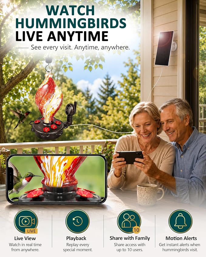 LUJII Smart Hummingbird Feeder with Camera, Hand Blown Glass for Outdoor Hanging, Solar WiFi Feeder with Live View App, 6 Feeding Ports, Leak-Resistant Design, Ant Moat & Gift Box, 28 fl oz, Red