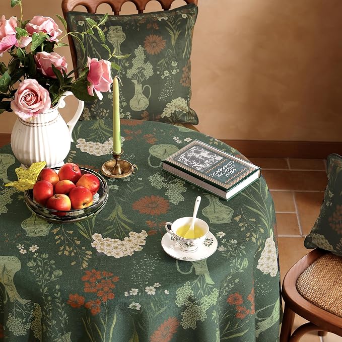ISAENNE Designer Linen Green Round Tablecloth,Diameter 55"-Nocturne | Vintage Elegant Table Cloth for Round Table,Floral Pattern,Decoration,Heavyweight,Dining,Kitchen,Tea Party,Thanksgiving