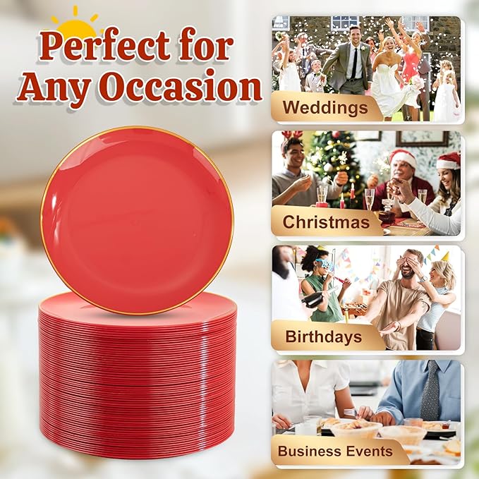 Festiva 200Pcs Red Gold Dessert Plates 6.3" with Plastic Forks 5"-Small Disposable Plates- Dessert/Cake/Appetizer Plastic Plates include 100Plates 100Forks for Birthday Party&July 4th