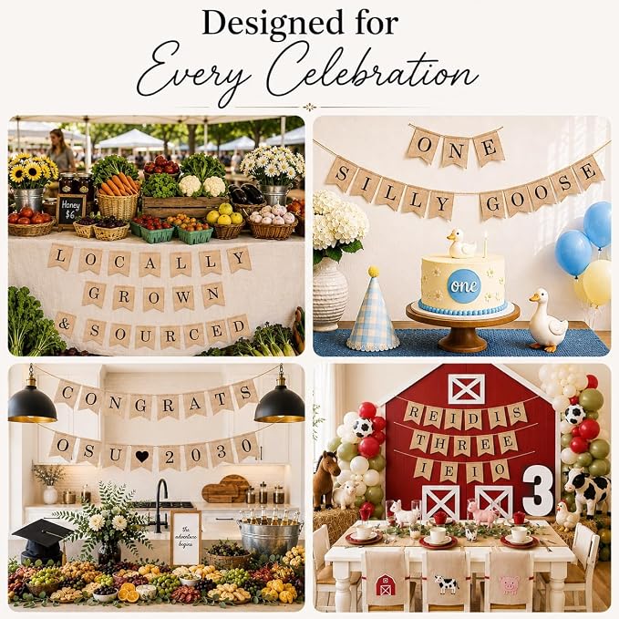 Pre-Printed Banner Kit – 97 BURLAP Flags with BLACK Letters, Numbers & Symbols, Reusable DIY Custom Banner, Make Your Own Personalized Banner for Aesthetic Party Decor, Natural Linen-Look Burlap, Includes Twine & Needles