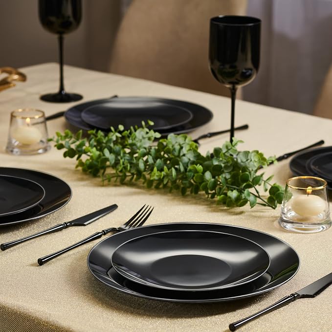 PLASTICPRO 128 Piece Combo Plates Set - 64-7" & 64-10" Black Plates with Silver Rim - Premium Heavyweight, Disposable