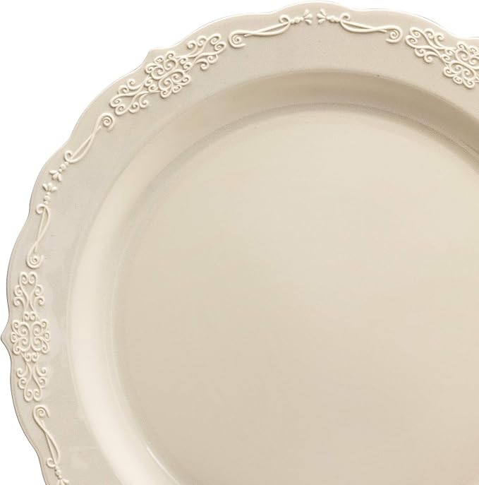 OCCASIONS 240 Piece Plastic Plates Set for 120 Guests – 120 10" Dinner & 120 7.5" Dessert Plates, Heavy Duty Disposable Dinnerware, Verona Plain Ivory