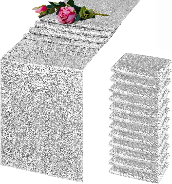 12 Pack Silver Sequin Table Runner 12x72 Inch, High Density Sparkly Glitter Table Runners for Wedding Reception, Birthday Party, Banquet, Baby Shower, Silver Metallic Shimmering Decor