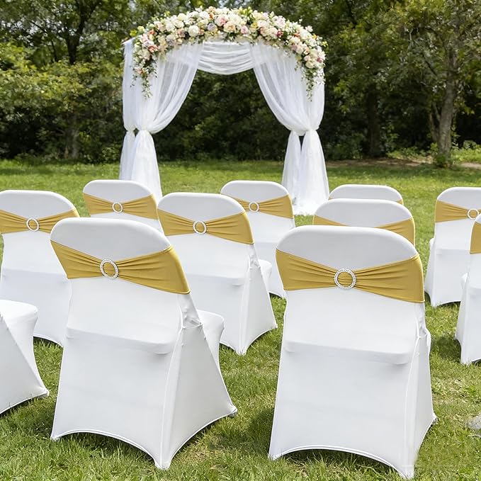 Spandex Chair Sashes Bands 50PCS Stretch Chair Ties Bows with Buckle Slider for Wedding Party Banquet Decoration (Gold)…
