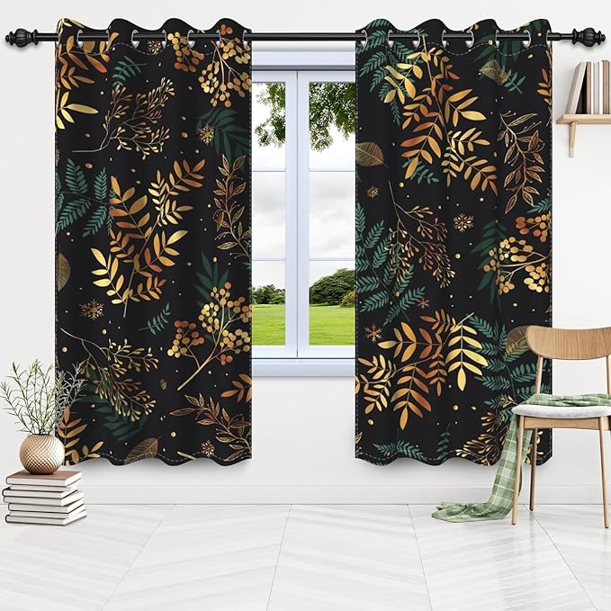 Gold Green Tropical Leaves Window Curtains Jungle Plants Gold Palm Leaves Blackout Curtains for Bedroom Living Room Home Decor Palm Leaves Botanical Decorative Drapes,42x84 inch,2 Panels