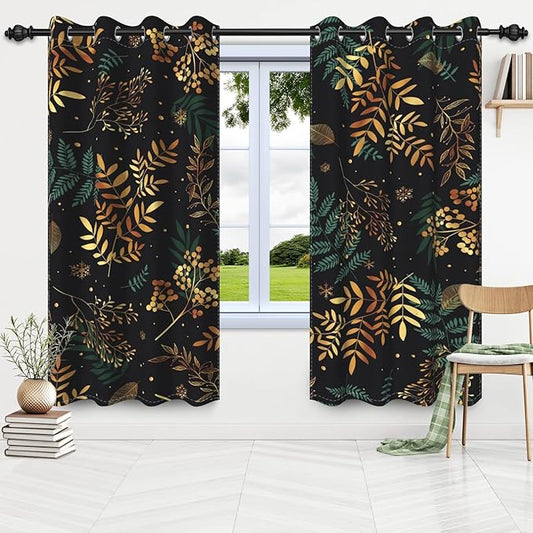Gold Green Tropical Leaves Window Curtains Jungle Plants Gold Palm Leaves Blackout Curtains for Bedroom Living Room Home Decor Palm Leaves Botanical Decorative Drapes,53x45 inch,2 Panels