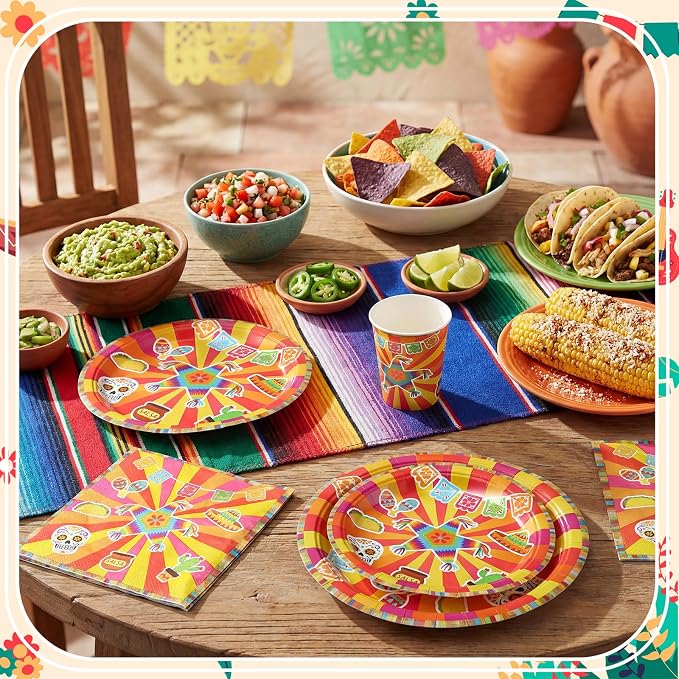Jenaai 200 Pcs Fiesta Tableware Set Serve for 50 Guests Mexican Birthday Party Decorations Cinco De Mayo Party Supplies 9" Dinner Plates 7" Dessert Plates Cups and Napkins for Dinnerware Disposable