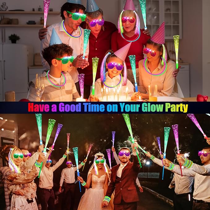 OLUPP 148 PCS Glow in the Dark Party Supplies, 16 Fiber Optic Wands, 14 LED Glasses, 100 Glow Sticks and 18 LED Hair Clips Fiber Optic for Neon Party, Wedding, Birthday, Concert, New Year