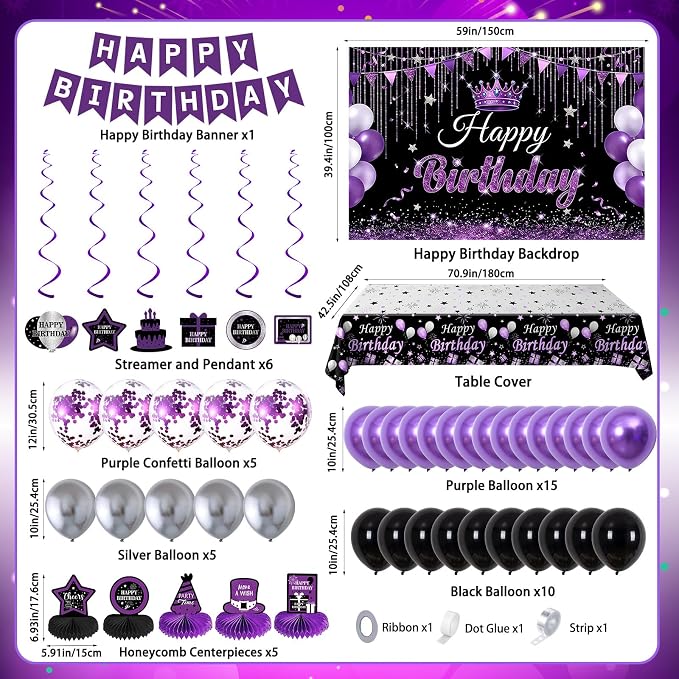 Black and Purple Birthday Decorations for Women Girls Men, Purple and Silver Party Decorations Happy Birthday Banner Backdrop Honeycomb Centerpiece Table Decoration Black Confetti Silver Balloons Arch