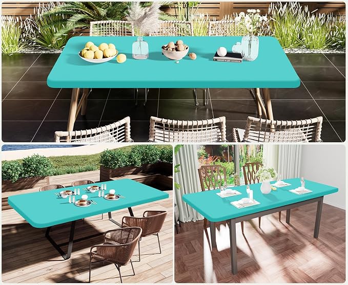 Smiry 3 Pack Rectangle Table Cloth, Elastic Fitted Flannel Backed Vinyl Tablecloths for 4ft Folding Tables, Waterproof Wipeable Table Covers for Indoor, Outdoor, Camping and Picnic (Teal, 24"x48")
