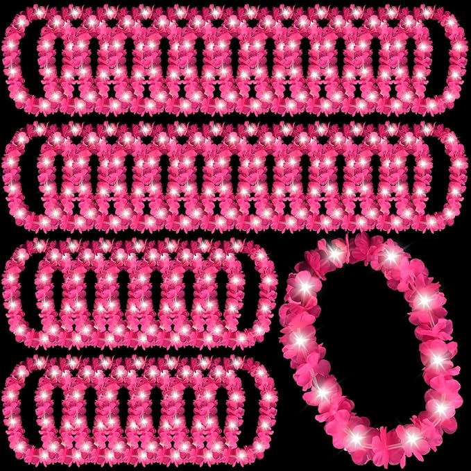 Sherr 48 Pcs LED Hawaiian Leis Light up Flower Leis Necklace with LED Lights Luau Flowers Necklaces for Masquerade Beach Wedding Tropical Themed Party Supplies (Rose Pink)
