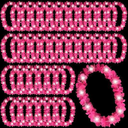Sherr 48 Pcs LED Hawaiian Leis Light up Flower Leis Necklace with LED Lights Luau Flowers Necklaces for Masquerade Beach Wedding Tropical Themed Party Supplies (Rose Pink)