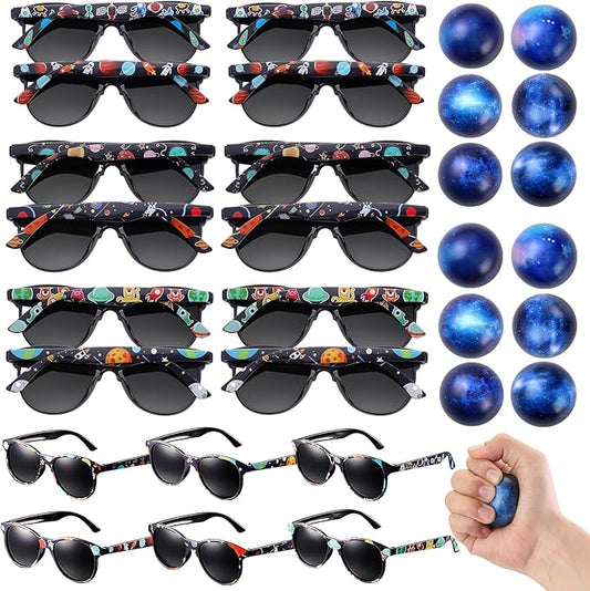Tellegloww 24 Pcs Space Party Favors Galaxy 12 Glasses Star Astronaut Glasses 12 Galaxy Stress Ball Outer Space Themed Classroom Back to School Party Decoration Birthday Supplies for Gift Bag Fillers