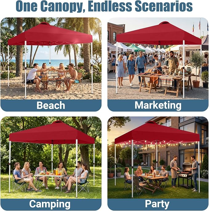 10x10 Pop Up Canopy Tent, One Push Center Lock Instant Setup Folding Shelter, High Strength Steel Frame and Handheld Carry Bag, Ground Stakes and Wind Ropes for Camping, Parties, Red