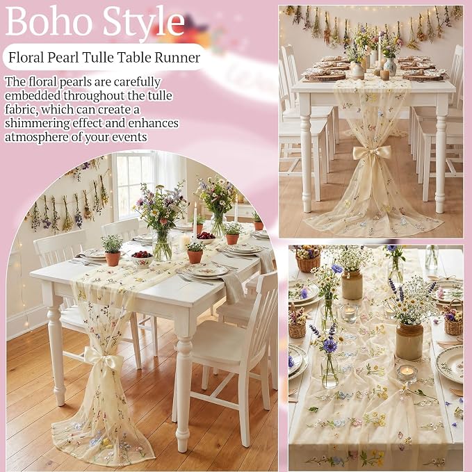 Lounsweer Apricot Wildflower Table Runner 10ft Embroidery Tulle Spring Floral Table Runner Seasonal Summer Butterfly Kitchen Dining Gauze Decoration for Wedding Baby Shower Birthday Party