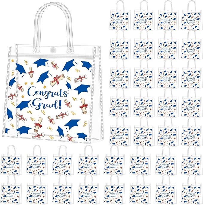 Supervitae 36 Pcs Graduation Gift Bags Bulk Clear Congrats Grad Goodies Bag with Handle Treats Tote for School Class 2026 End of Year Party Supplies, 8 x 8 x 3.15 Inch