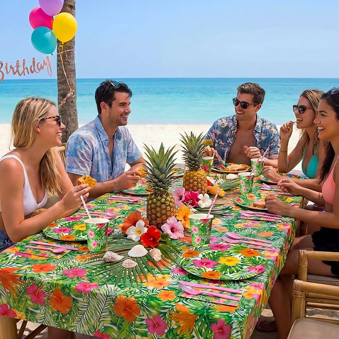 Vesici 452 Pcs Tropical Luau Party Supplies Set for 50 Guests Include 9'' 7'' Paper Plates Napkins Tablecloths 9 oz Cups Forks Spoons Straws for Hawaiian Hibiscus Flower Summer Birthday Decoration