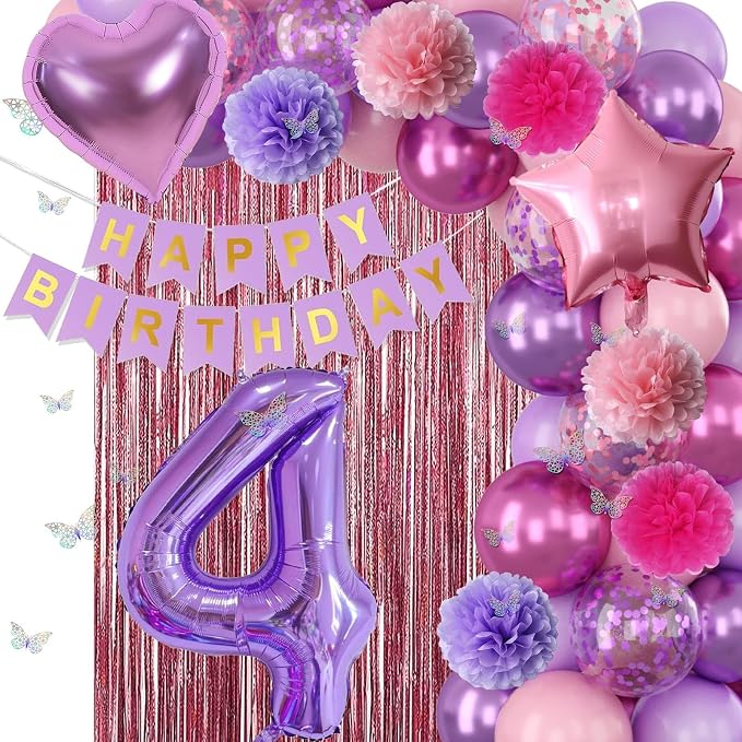 Pink Purple 4th Birthday Party Decorations for Girls Number 4 Balloon Happy Birthday Banner Butterfly Stickers Fringe Curtain Paper Pom Poms Metallic Hot Pink Star Foil Balloons 4 Year Old Princess