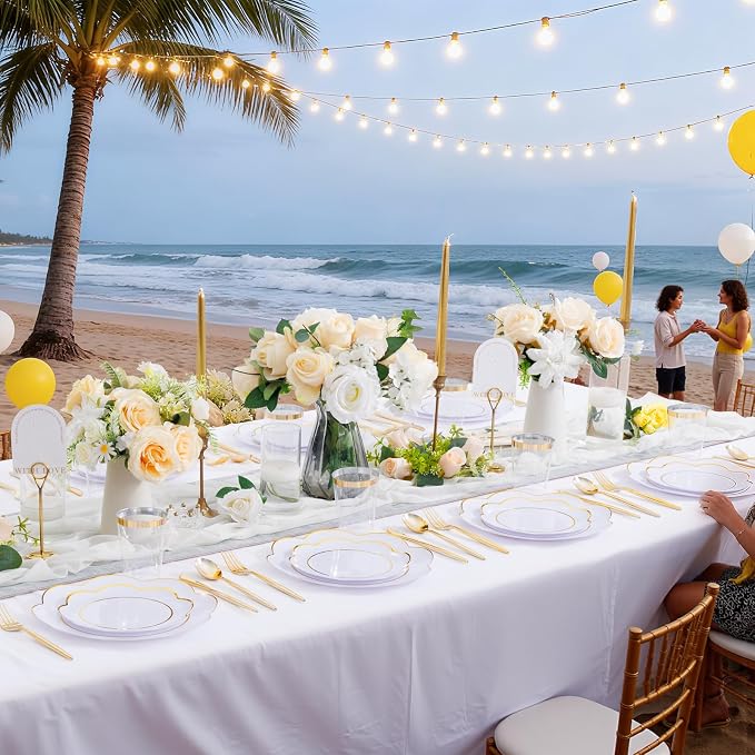 ejonirinjonir EI 180pcs White Plastic Plates with Gold Plastic Silverware,Heavy-Duty Disposable Plates for Party,White Dinnerware Set for 30 Guest Wedding,Afternoon Tea,Spring,Mother's/Valentine's Day