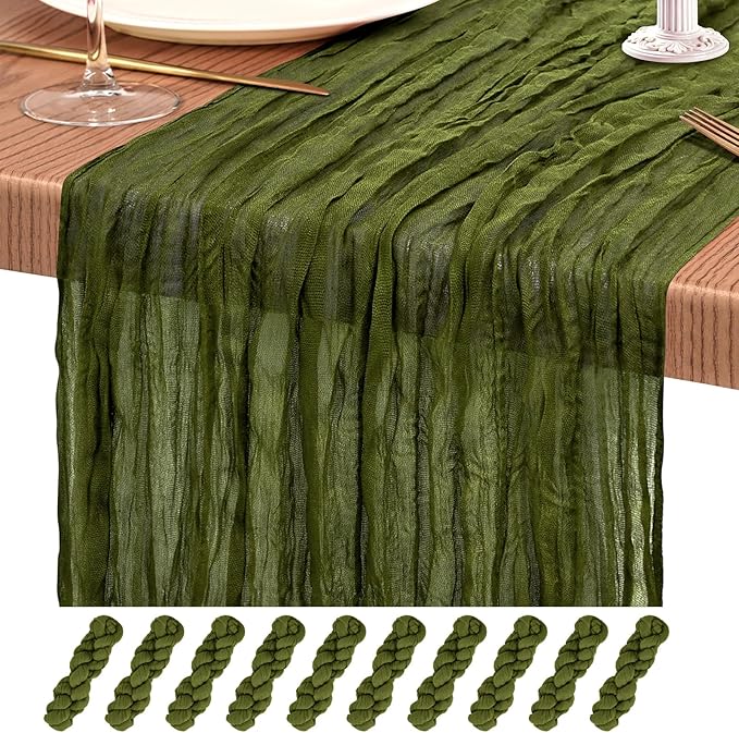 10 Pack Olive Green Cheesecloth Table Runner 10FT Boho Gauze Cheese Cloth Table Runners Romantic Rustic Sheer Table Decorations for Wedding Party Baby Shower Birthday Holiday Home
