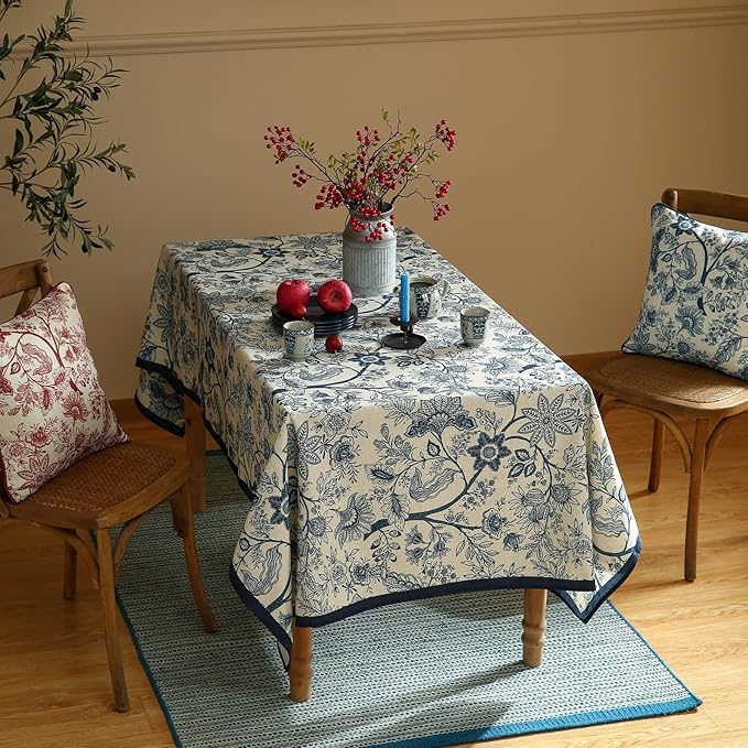 ISAENNE Designer Vintage Linen Square Tablecloth,67"x67"-Ruyi B | French Elegant Table Cloth for Square Table,Blue Floral Pattern,Durable,Heavyweight,Dining Room,Kitchen,Thanksgiving,Decor
