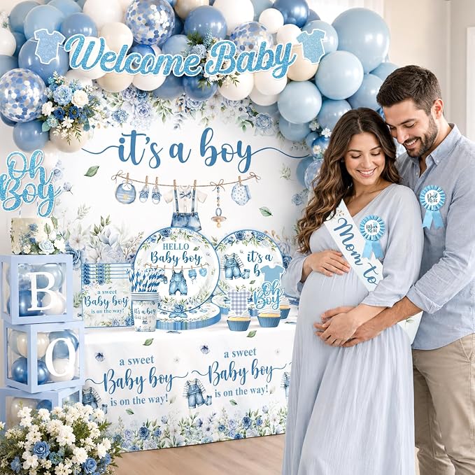 Baby Boy Shower Decorations, All-in-One Set with Boy Baby Shower Plates and Napkins, Balloon Arch, Cake Topper, Balloon Box, Banner, Tablecloth, Baby Shower Decorations Boy Serves 24