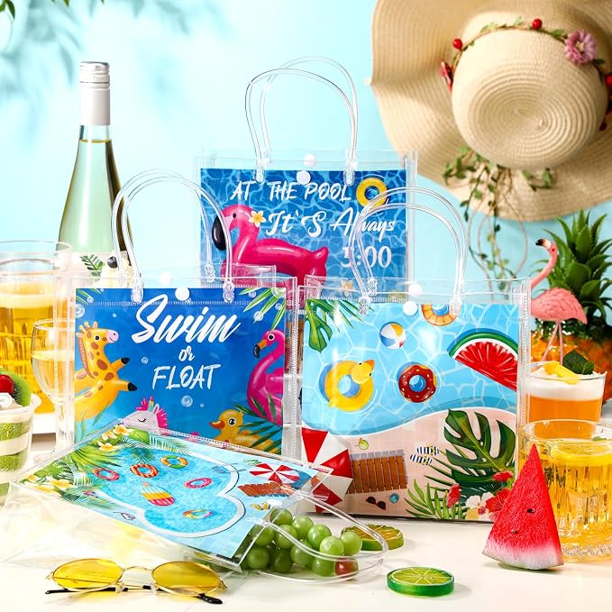 Teenyyou 24 Pcs Pool Party Favor Bags Summer Pool Beach Theme Designs Clear Gift Bags Reusable PVC Tote Container with Handles for Baby Shower, Bridal Shower, Wedding, Birthday Party Supplies