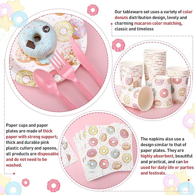 Ziliny 350 Pcs Donut Grow up Party Supplies Tableware Set Disposable 9'' 7'' Paper Plates 9 oz Cups Cutlery Napkins Dinnerware Set for 1st Birthday, Serve 50 (Donut Grow Up, Macron Color)