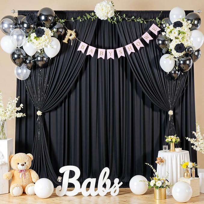 40ftx10ft Wrinkle Free Black Backdrop Curtain for Parties 8 Panels 5x10ft Silky Polyester Photo Backdrop Drapes Back Drop Cloth Drapery for Wedding Birthday Background Photography Photoshoot Decor