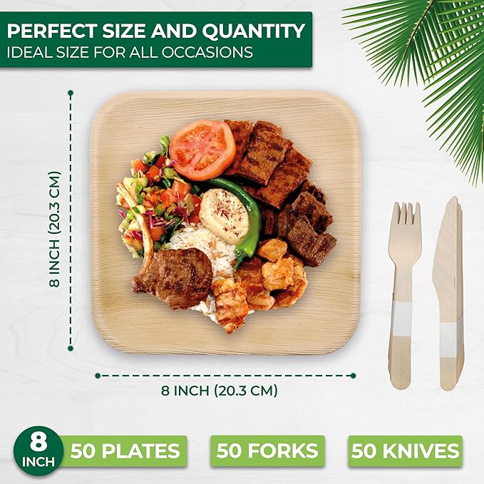 Palm Leaf Disposable Plates - Bamboo Plates Disposable 8 Inch Square (50pc) - 100% Compostable & Biodegradable Plates with Cutlery (50 Forks, 50 Knives) - Heavy-Duty, Party Dinnerware Set
