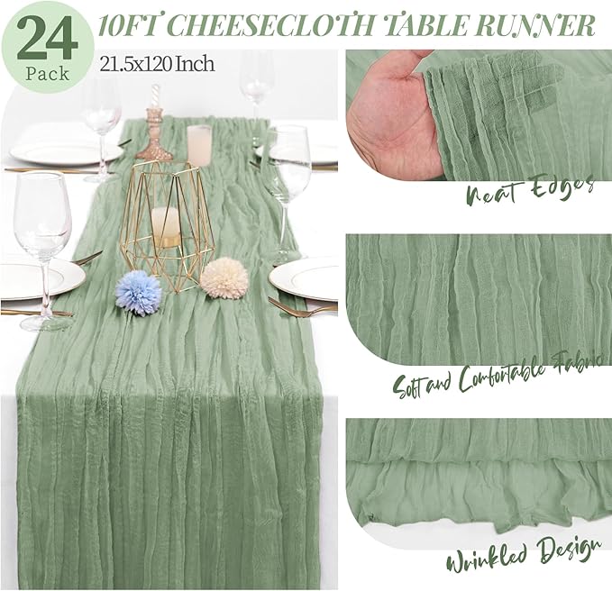 24 Packs 10Ft Cheesecloth Table Runner,Sage Green Table Runner,Gauze Boho Rustic Cheese Cloth Table Runner,Wedding Table Decor Table Cloth for Wedding Bridal Shower Birthday Party Table Decor