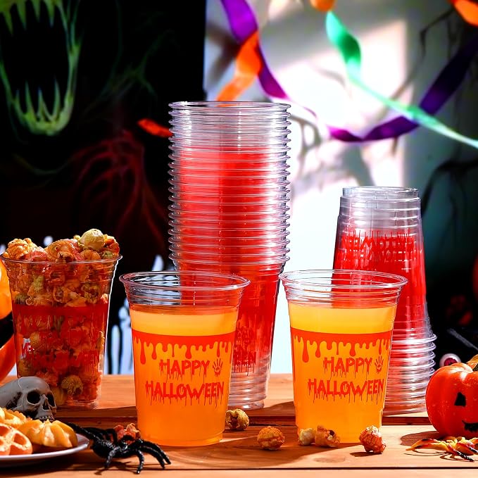 100 Pcs Halloween Plastic Cups 16 oz Clear Disposable Blood Print Halloween Cups Bulk for Trick or Treat Spooky Scary Party Supplies Decoration