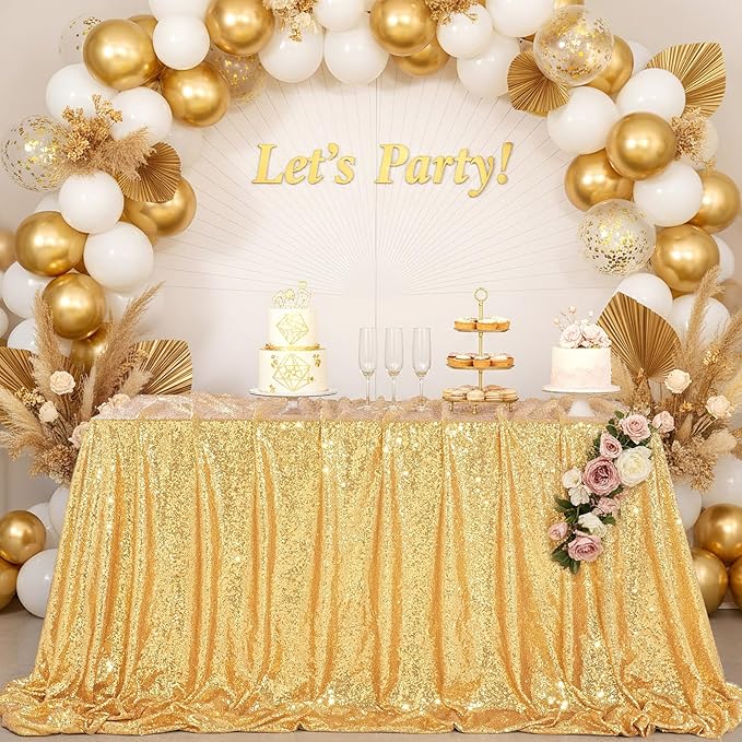 QueenDream Sequin Tablecloth - Gold Tablecloth 50x80 Inch Glitter Table Cloth Sequin Party Fabric for Birthday Birdal Baby Shower Wedding