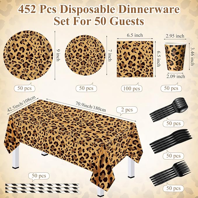 Funnymoom 452 Pcs Leopard Print Party Decoration Cheetah Print Paper Plates Napkins Cups Tablecloth Cutlery Straws Tableware for Jungle Safari Animal Theme Birthday Baby Shower Party Supplies Serve 50