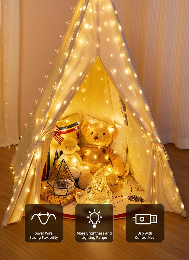 Brightown 300 LED Fairy Curtain Lights, 9.8ft x 9.8ft String Lights, USB Plug in 8 Lighting Modes Christmas String Hanging Lights with Remote for Bedroom Indoor Outdoor Party Xmas Warm White 2 Pack